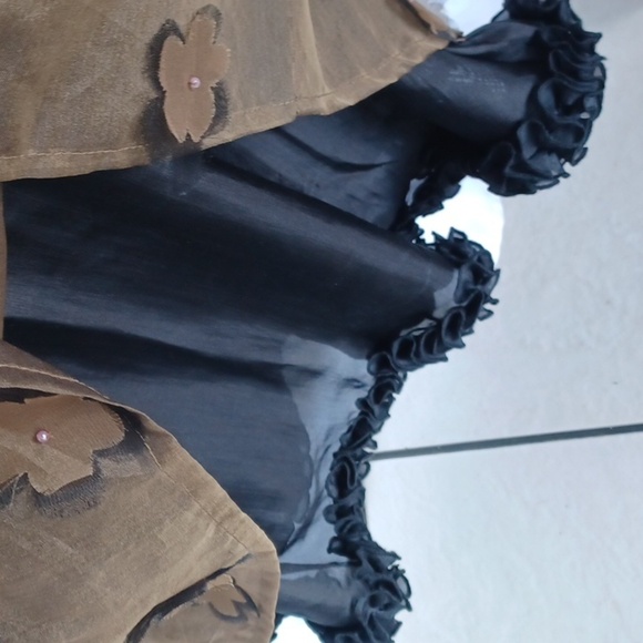 Covelo Vintage Brown Silk Flower Appliqué Pleated Midi Skirt - 10 - Picture 3 of 7